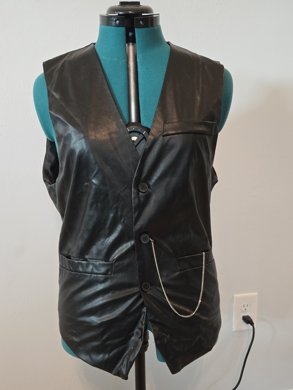 Black Faux Leather Vest with Chain Accent